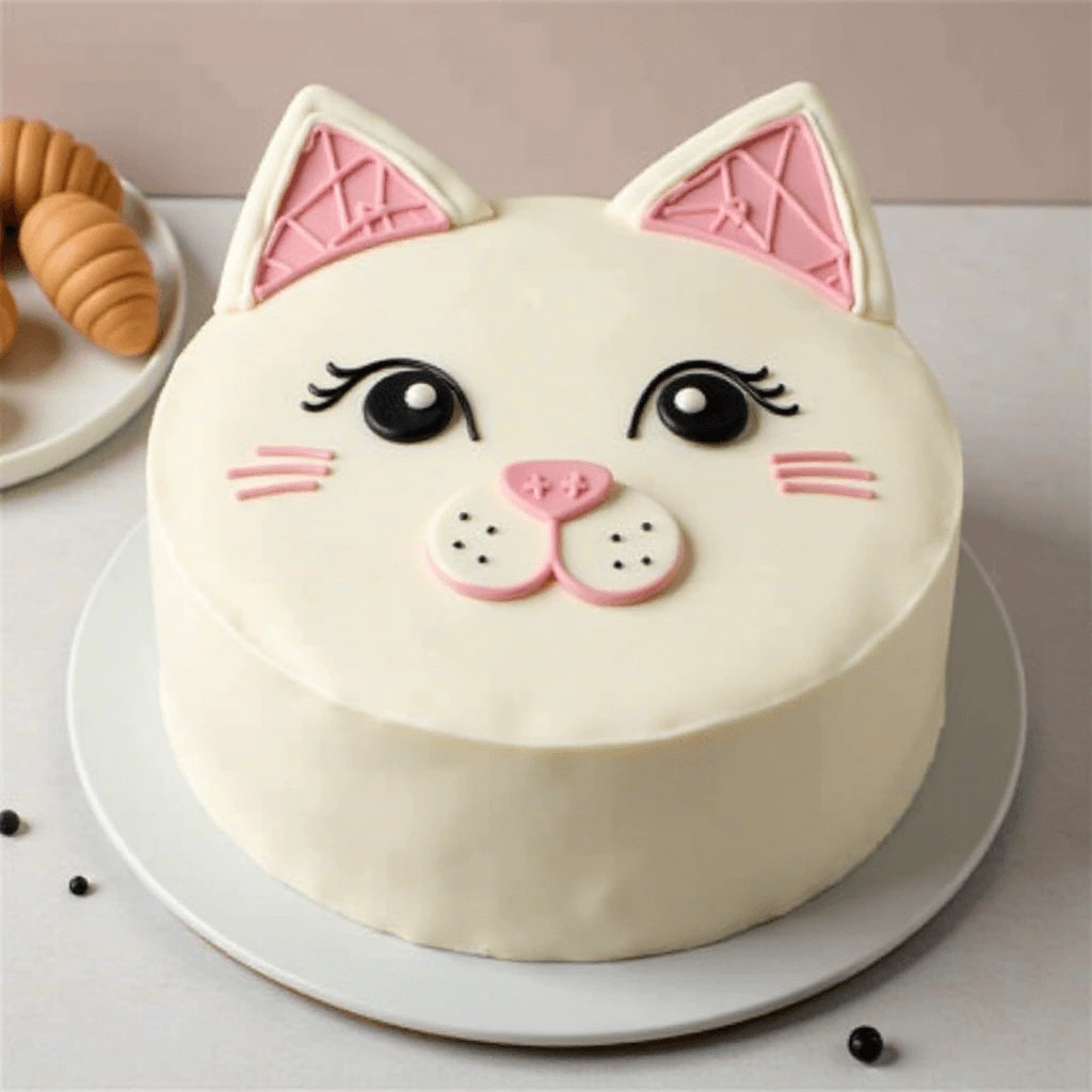 Adorable Homemade Kitty Cake with Fondant Ears and Whiskers